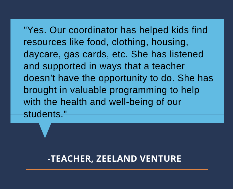 "Yes. Our coordinator has helped kids find resources like food, clothing, housing, daycare, gas cards, etc. She has listened and supported in ways that a teacher doesn’t have the opportunity to do. She has brought in valuable programming to help with the health and well-being of our students."