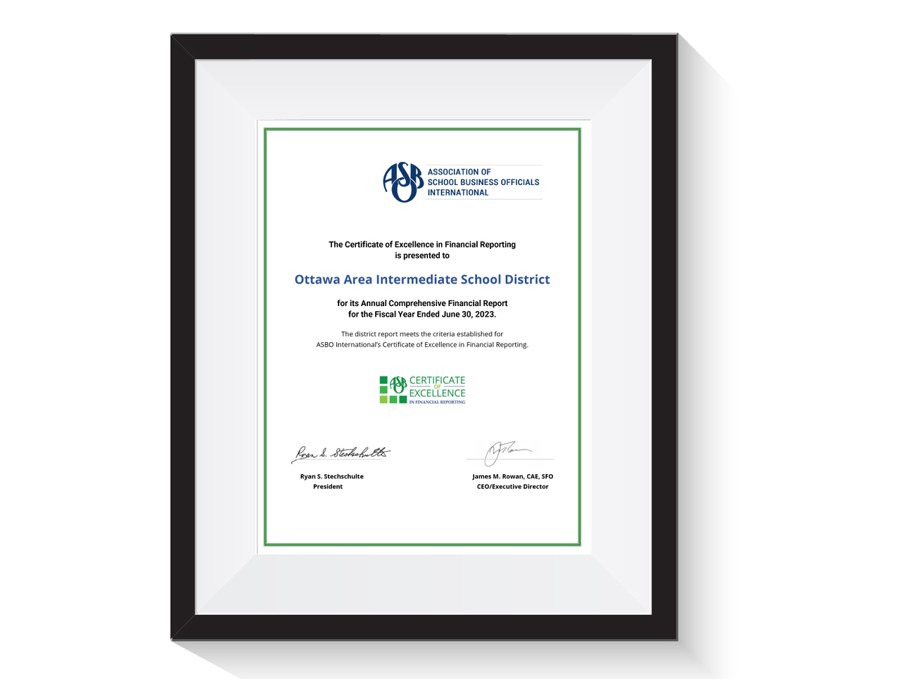 framed award o f OAISD's certificate of excellence