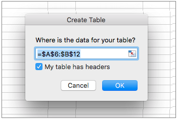 Microsoft Excel Create Tables for Mac Screenshot
